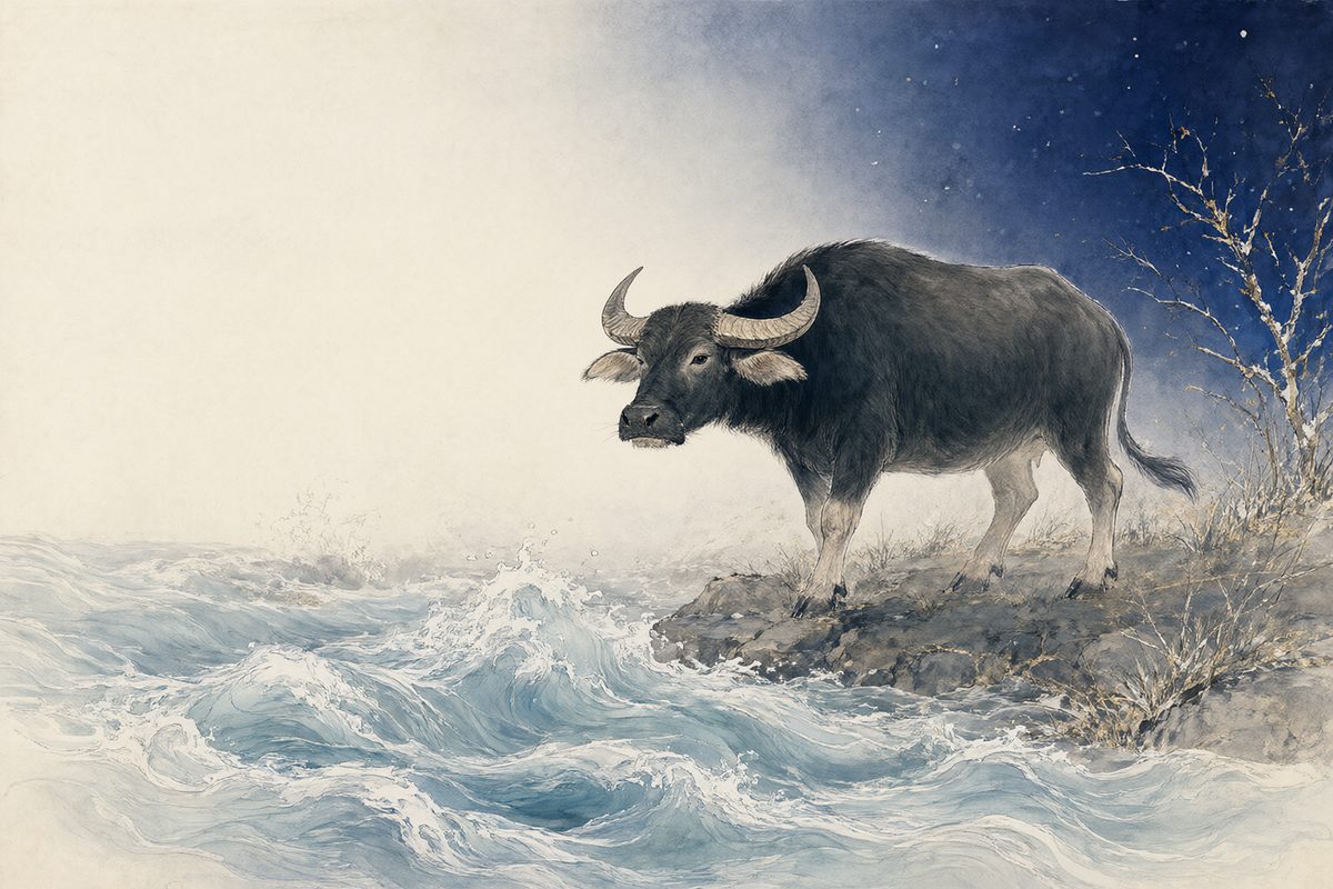 Illustration : un buffle au pas lent dans une rizière au milieu de vagues bleu indigo et de reflets de lune.