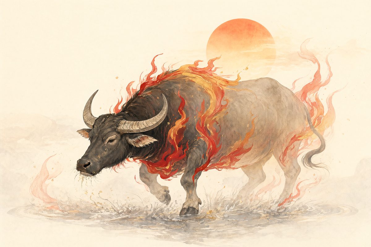 Illustration : un buffle au pas lent dans une rizière dans des flammes stylisées rouges et orangées.
