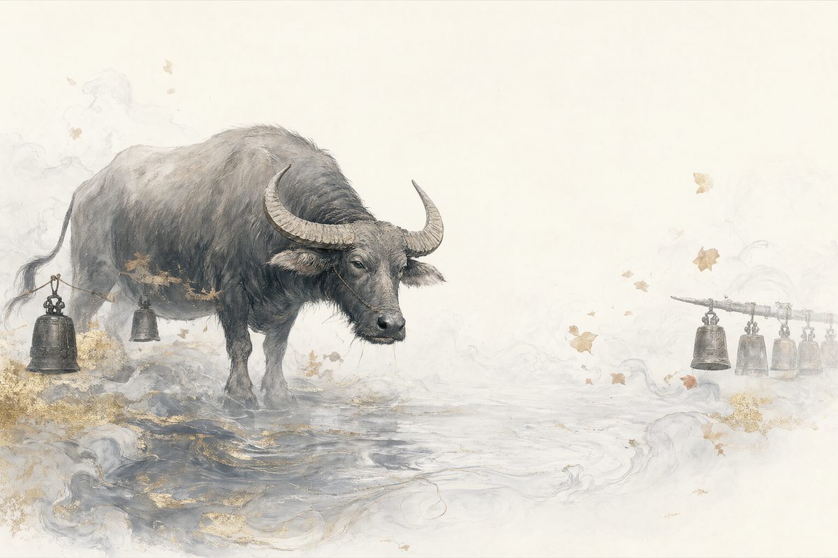 Illustration : un buffle au pas lent dans une rizière dans des reflets argentés et des lignes nettes.