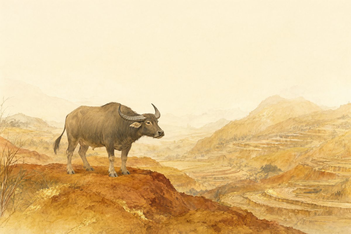 Illustration : un buffle au pas lent dans une rizière sur des collines ocre et des pierres chaudes.
