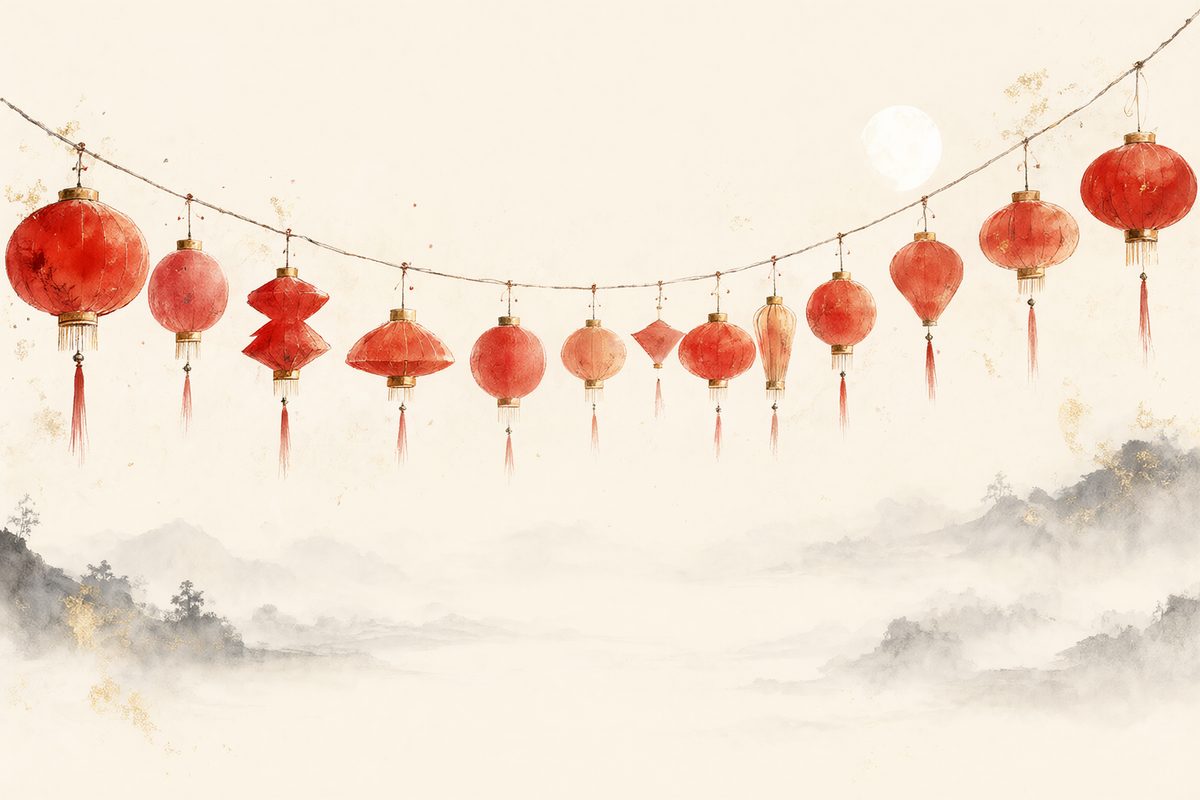 Illustration sans texte : une lanterne rouge suspendue au-dessus d’une page de calendrier ouverte sur une table en bois.
