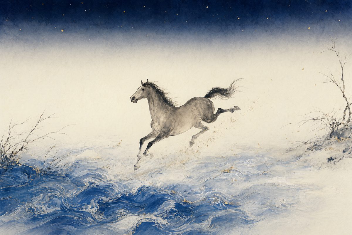 Illustration : un cheval au galop au milieu de vagues bleu indigo et de reflets de lune.