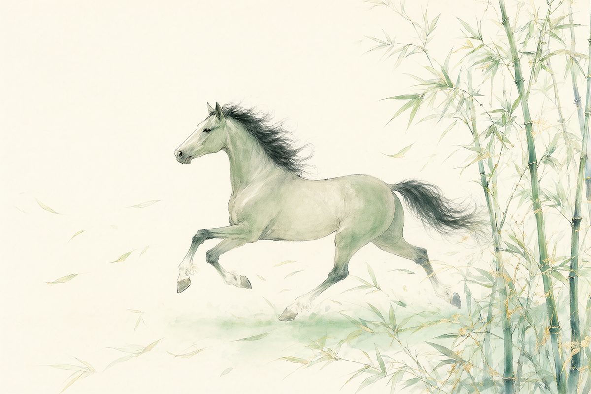 Illustration : un cheval au galop entouré de jeunes bambous.