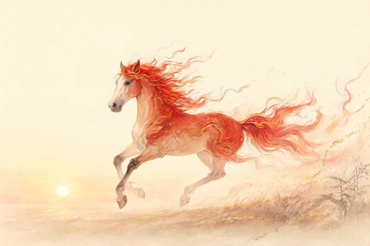 Illustration : un cheval au galop dans des flammes stylisées rouges et orangées.