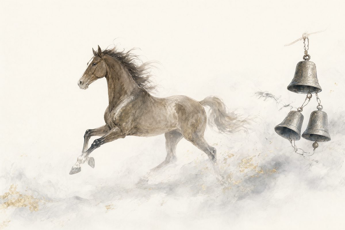 Illustration : un cheval au galop dans des reflets argentés et des lignes nettes.