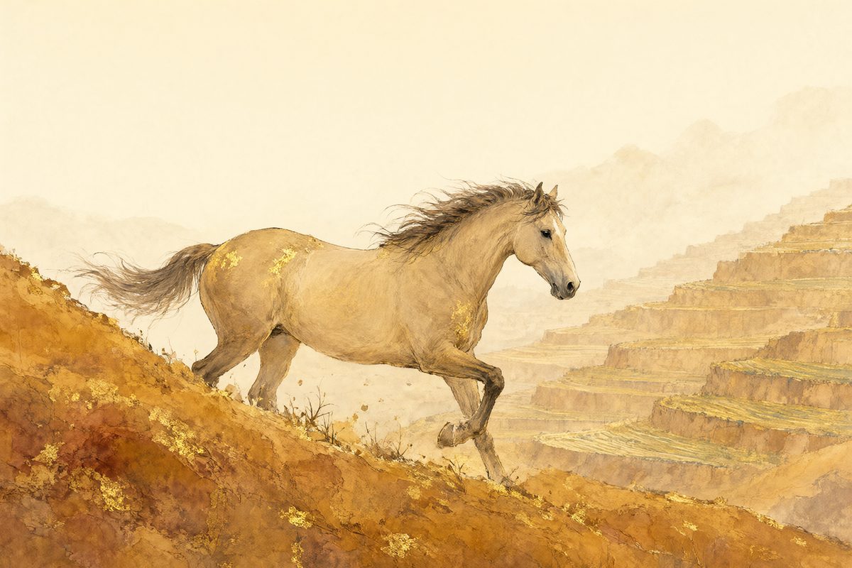 Illustration : un cheval au galop sur des collines ocre et des pierres chaudes.