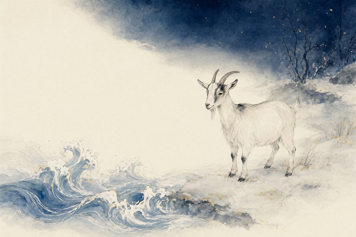 Illustration : une chèvre sur une colline ventée au milieu de vagues bleu indigo et de reflets de lune.
