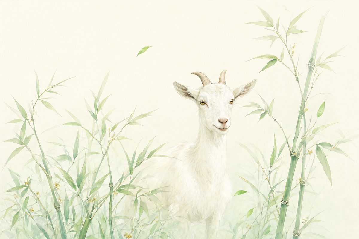 Illustration : une chèvre sur une colline ventée entouré de jeunes bambous.