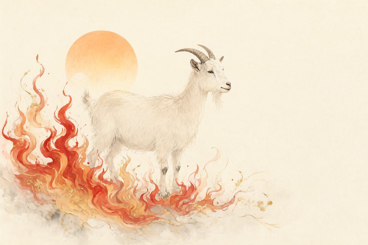 Illustration : une chèvre sur une colline ventée dans des flammes stylisées rouges et orangées.