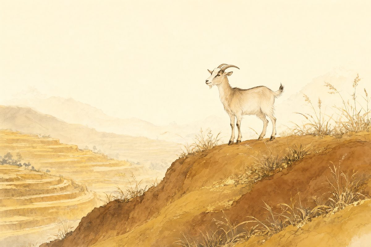 Illustration : une chèvre sur une colline ventée sur des collines ocre et des pierres chaudes.