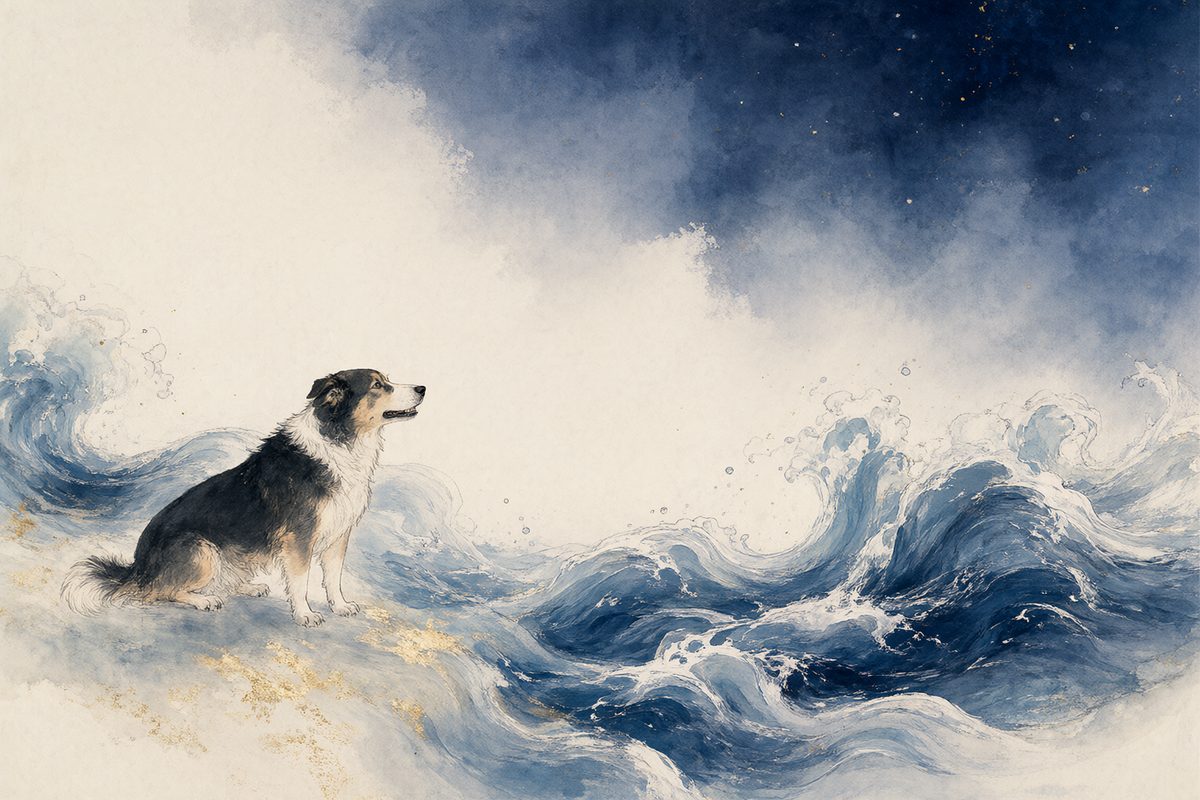 Illustration : un chien fidèle près d’une maison de campagne au milieu de vagues bleu indigo et de reflets de lune.