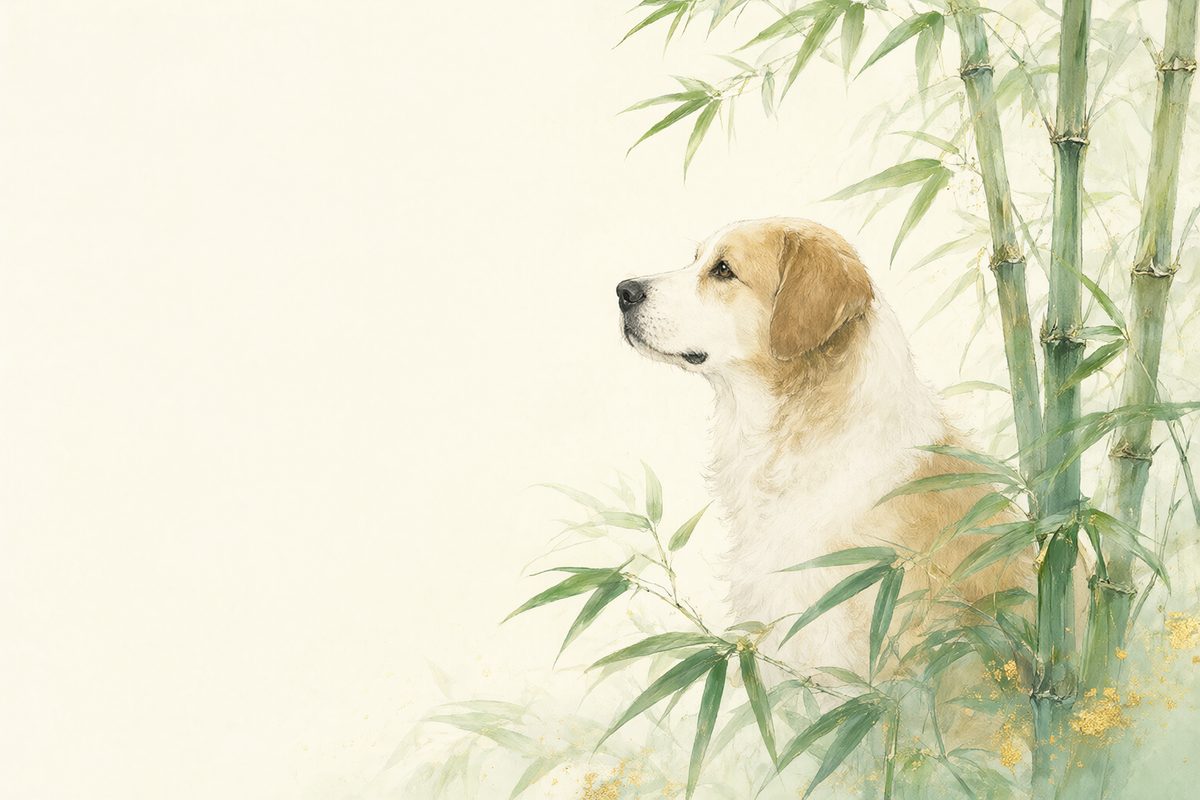 Illustration : un chien fidèle près d’une maison de campagne entouré de jeunes bambous.