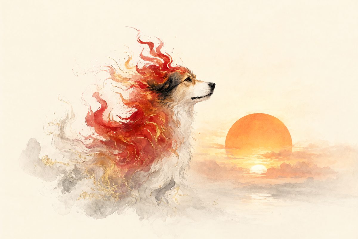 Illustration : un chien fidèle près d’une maison de campagne dans des flammes stylisées rouges et orangées.