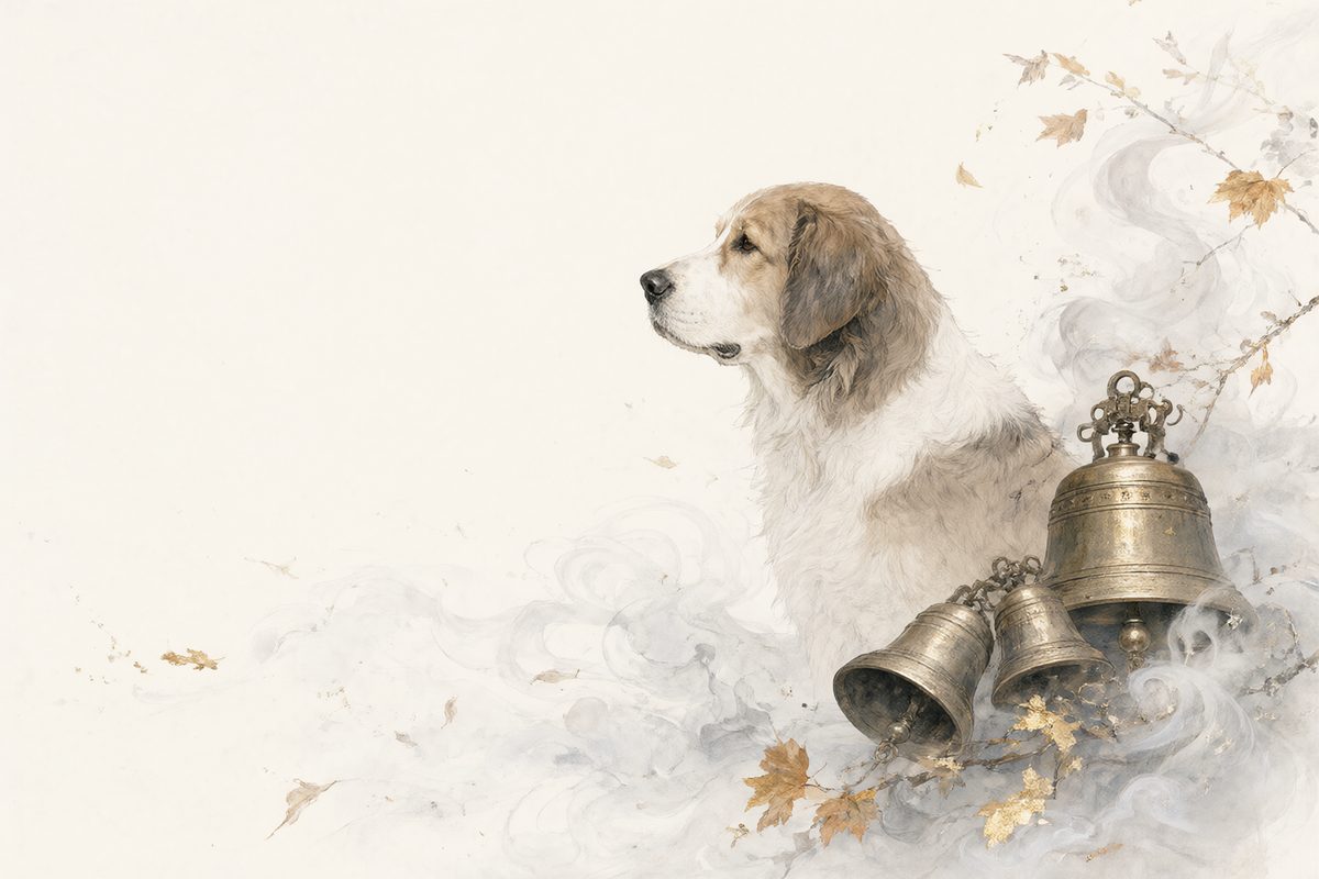 Illustration : un chien fidèle près d’une maison de campagne dans des reflets argentés et des lignes nettes.