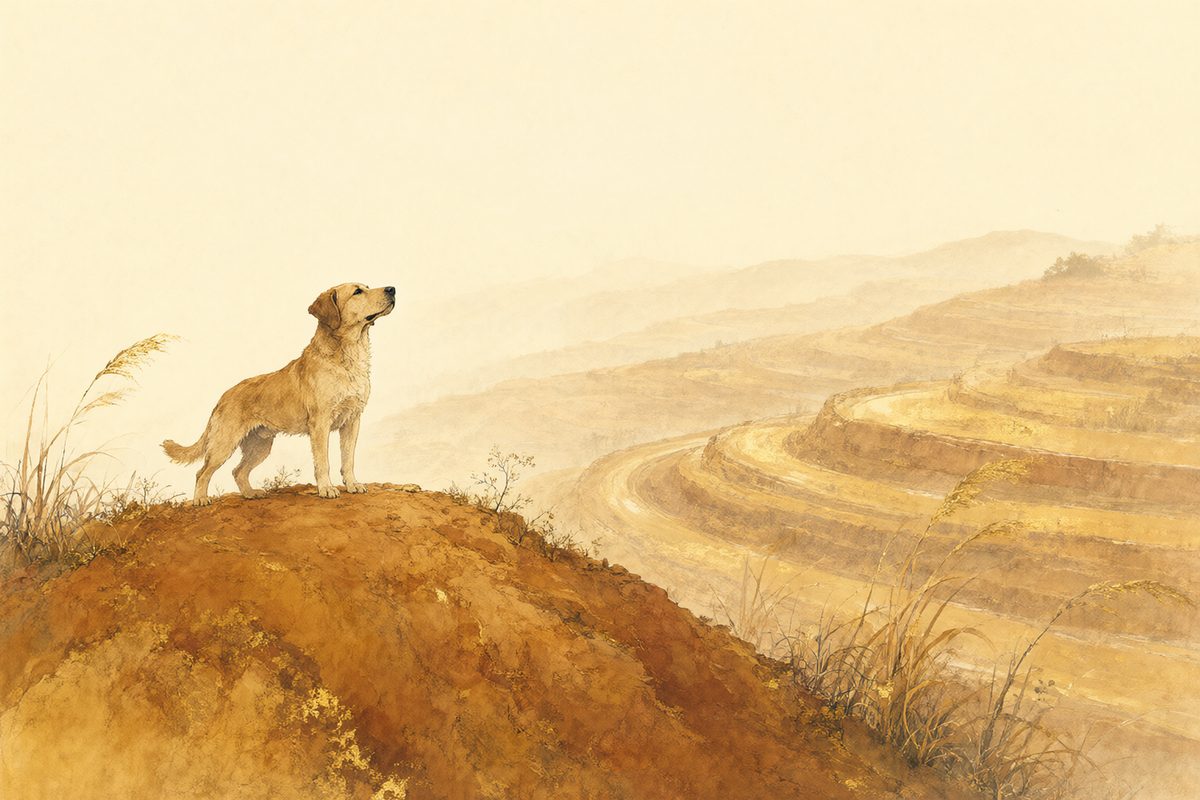 Illustration : un chien fidèle près d’une maison de campagne sur des collines ocre et des pierres chaudes.