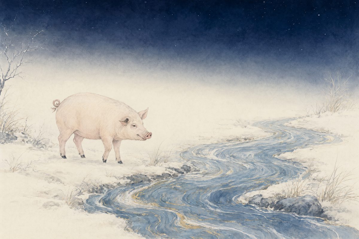 Illustration : un cochon rose dans un enclos paisible au milieu de vagues bleu indigo et de reflets de lune.