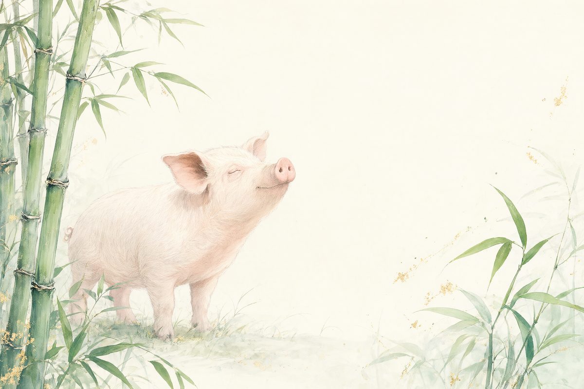 Illustration : un cochon rose dans un enclos paisible entouré de jeunes bambous.