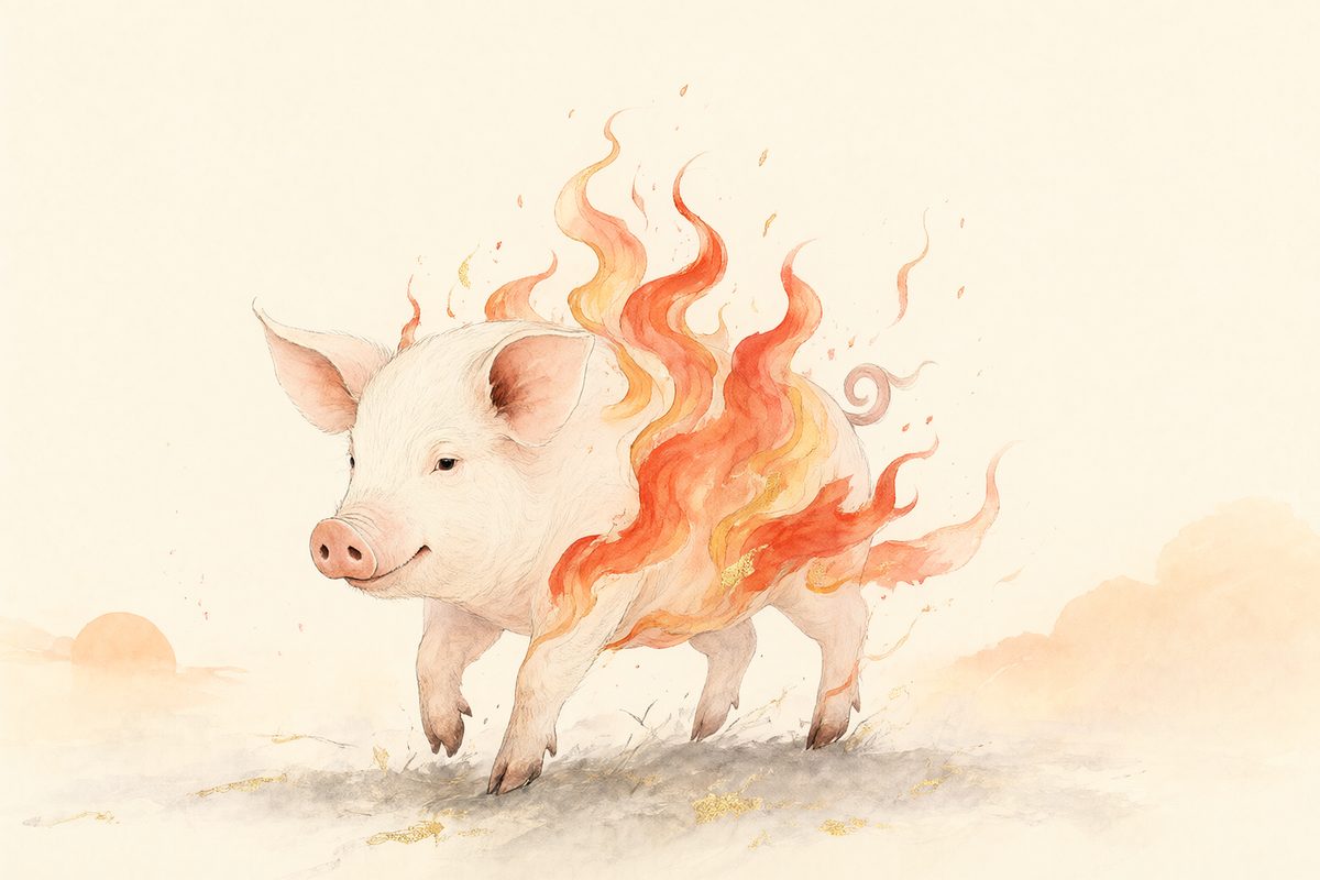 Illustration : un cochon rose dans un enclos paisible dans des flammes stylisées rouges et orangées.