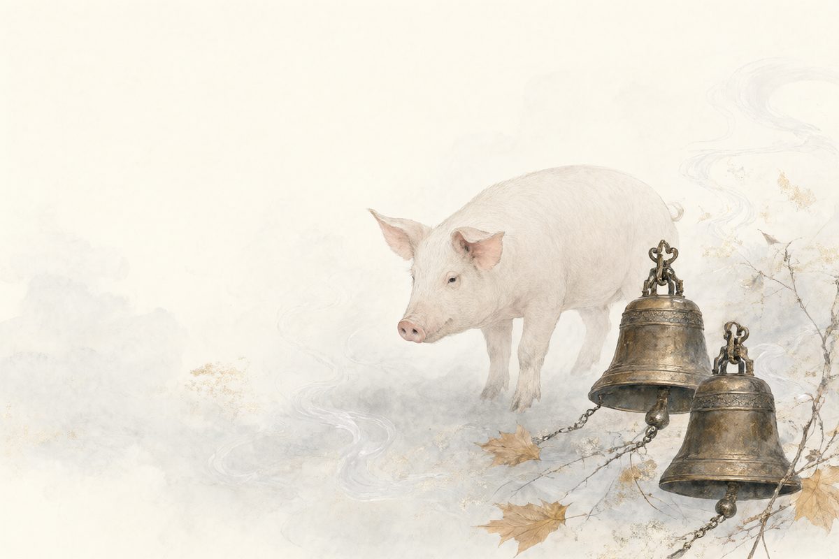 Illustration : un cochon rose dans un enclos paisible dans des reflets argentés et des lignes nettes.