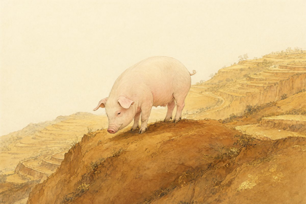Illustration : un cochon rose dans un enclos paisible sur des collines ocre et des pierres chaudes.