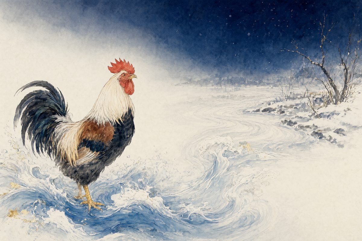 Illustration : un coq fier sur une palissade au lever du jour au milieu de vagues bleu indigo et de reflets de lune.
