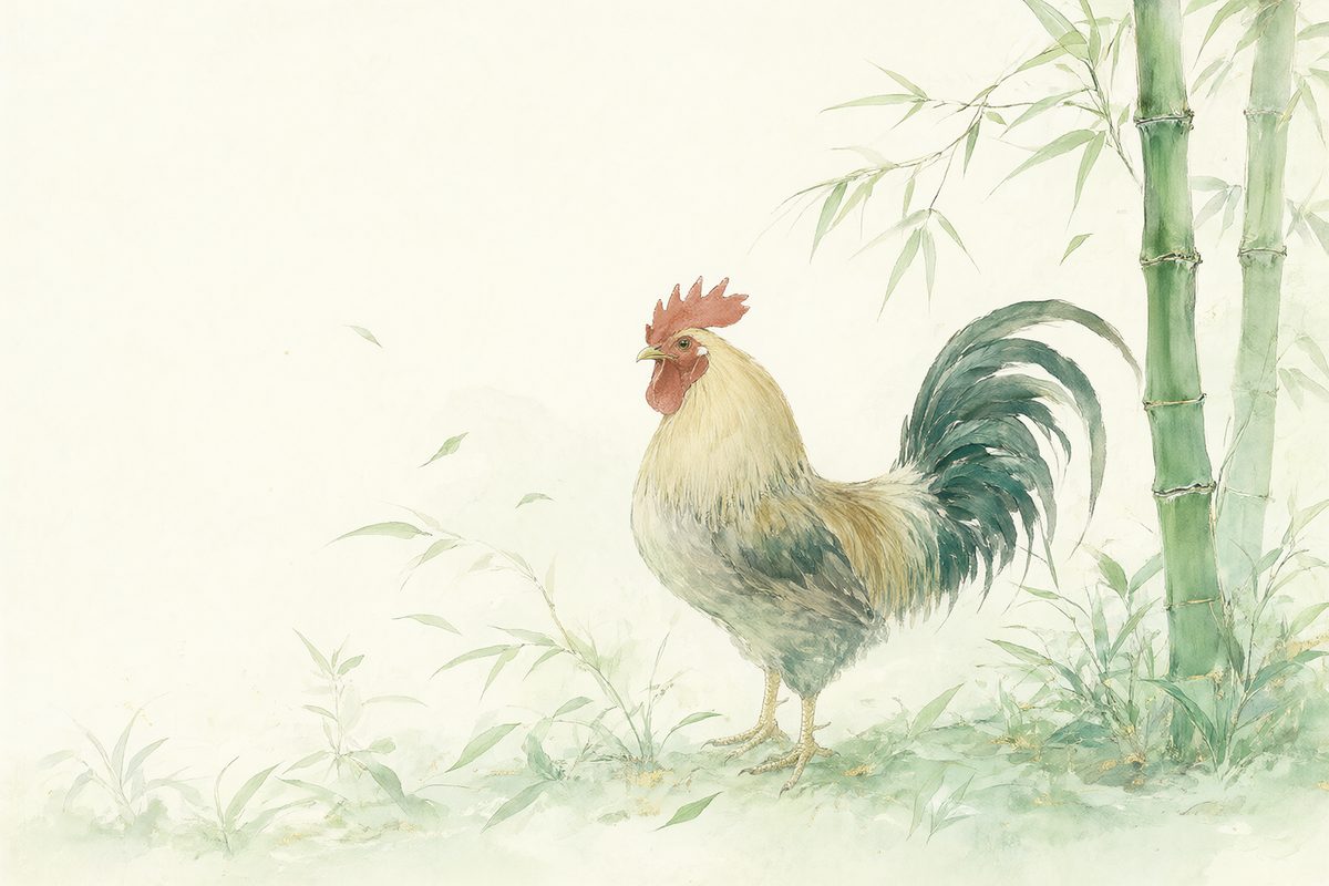 Illustration : un coq fier sur une palissade au lever du jour entouré de jeunes bambous.