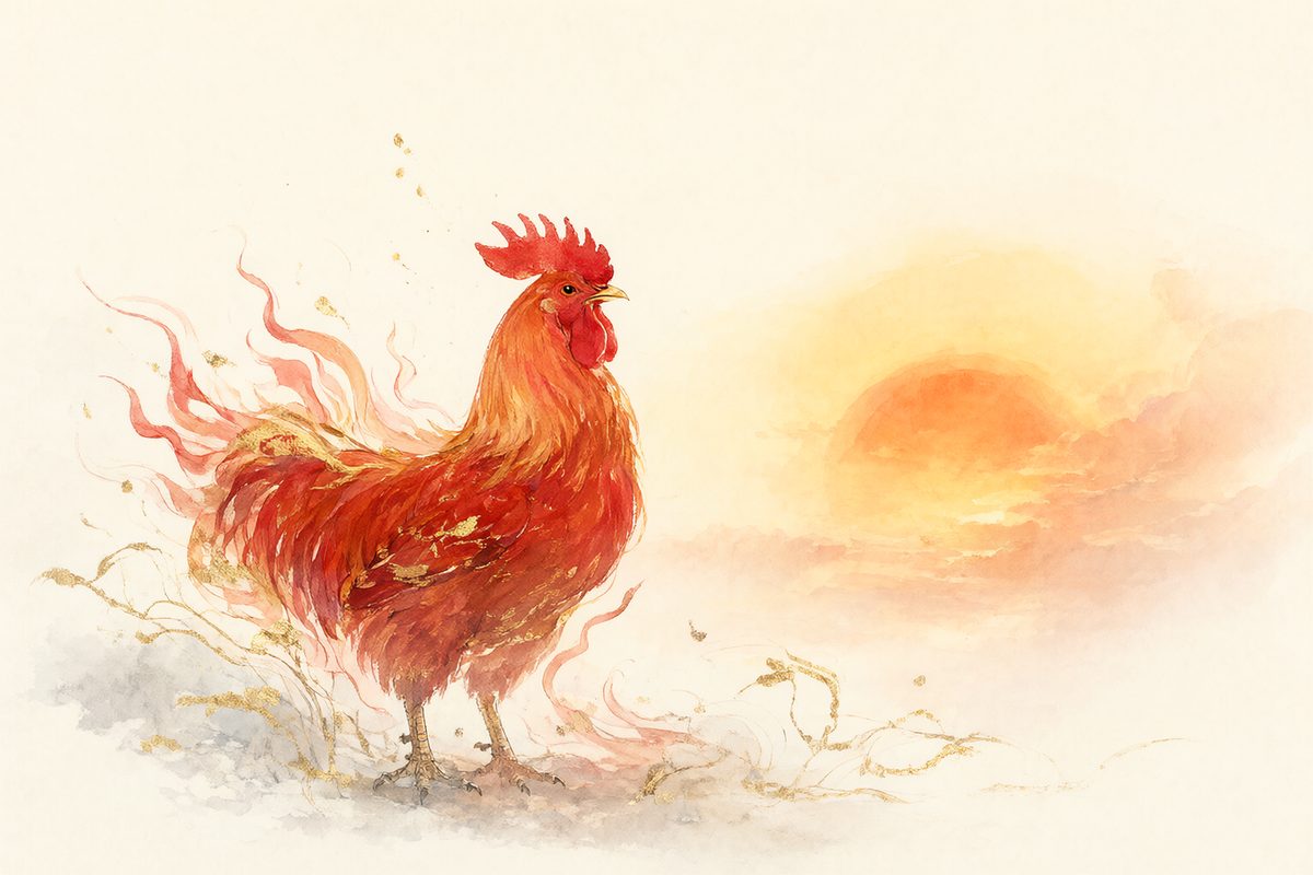 Illustration : un coq fier sur une palissade au lever du jour dans des flammes stylisées rouges et orangées.