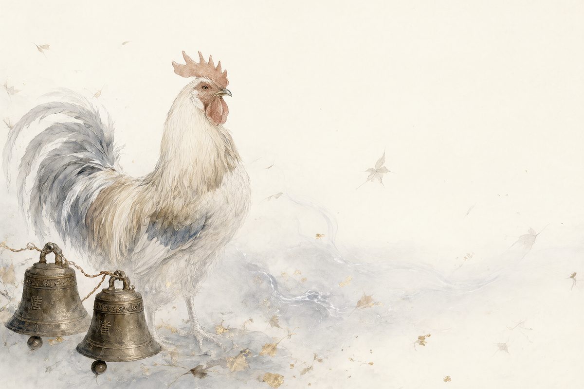 Illustration : un coq fier sur une palissade au lever du jour dans des reflets argentés et des lignes nettes.