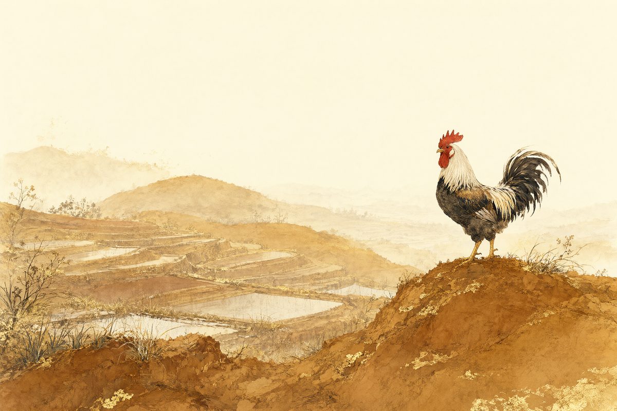 Illustration : un coq fier sur une palissade au lever du jour sur des collines ocre et des pierres chaudes.