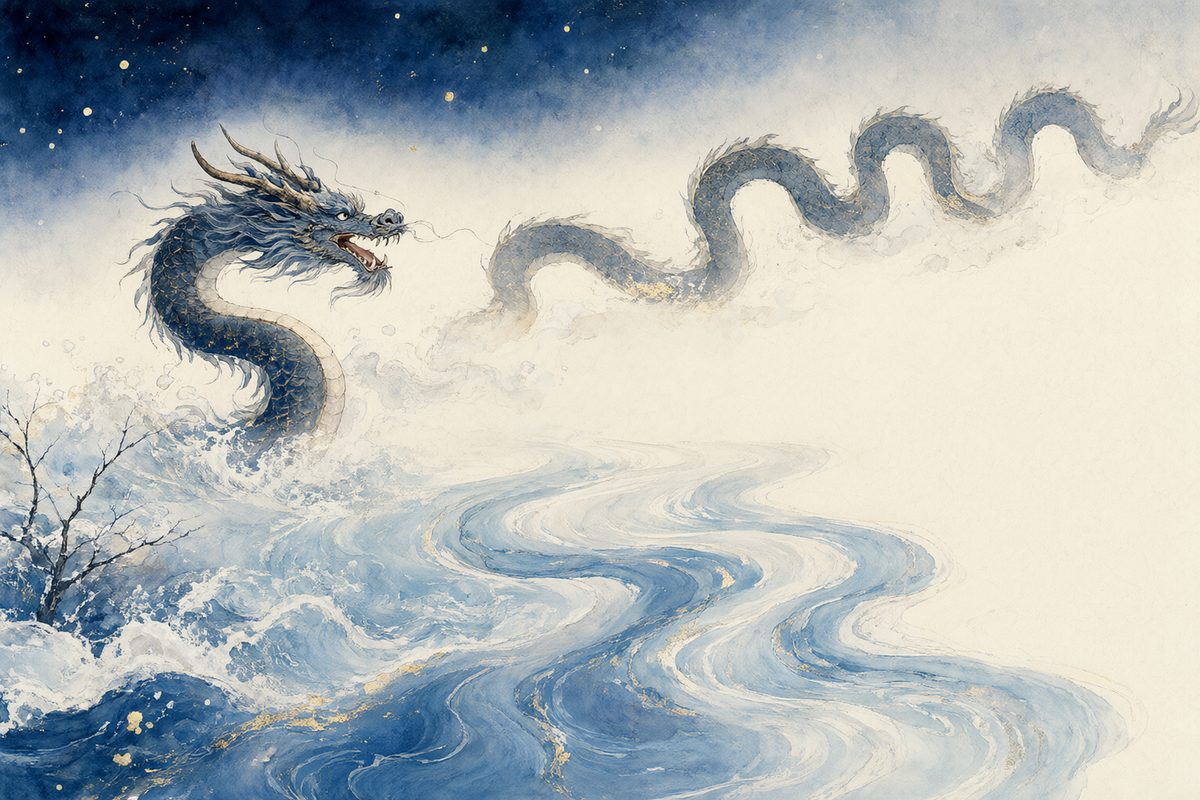 Illustration : un dragon ondulant au-dessus de nuages au milieu de vagues bleu indigo et de reflets de lune.