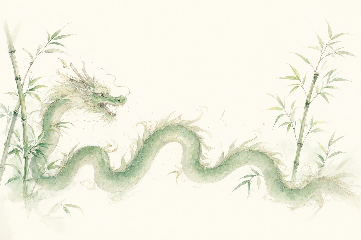 Illustration : un dragon ondulant au-dessus de nuages entouré de jeunes bambous.