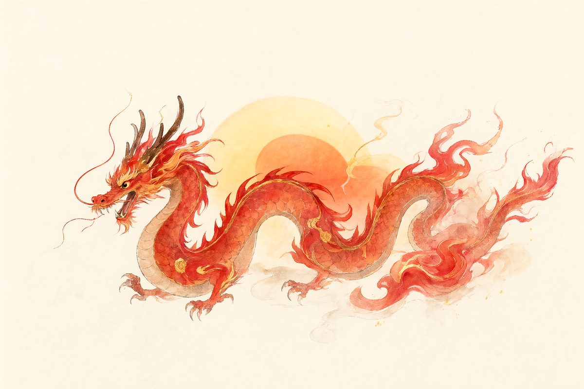 Illustration : un dragon ondulant au-dessus de nuages dans des flammes stylisées rouges et orangées.
