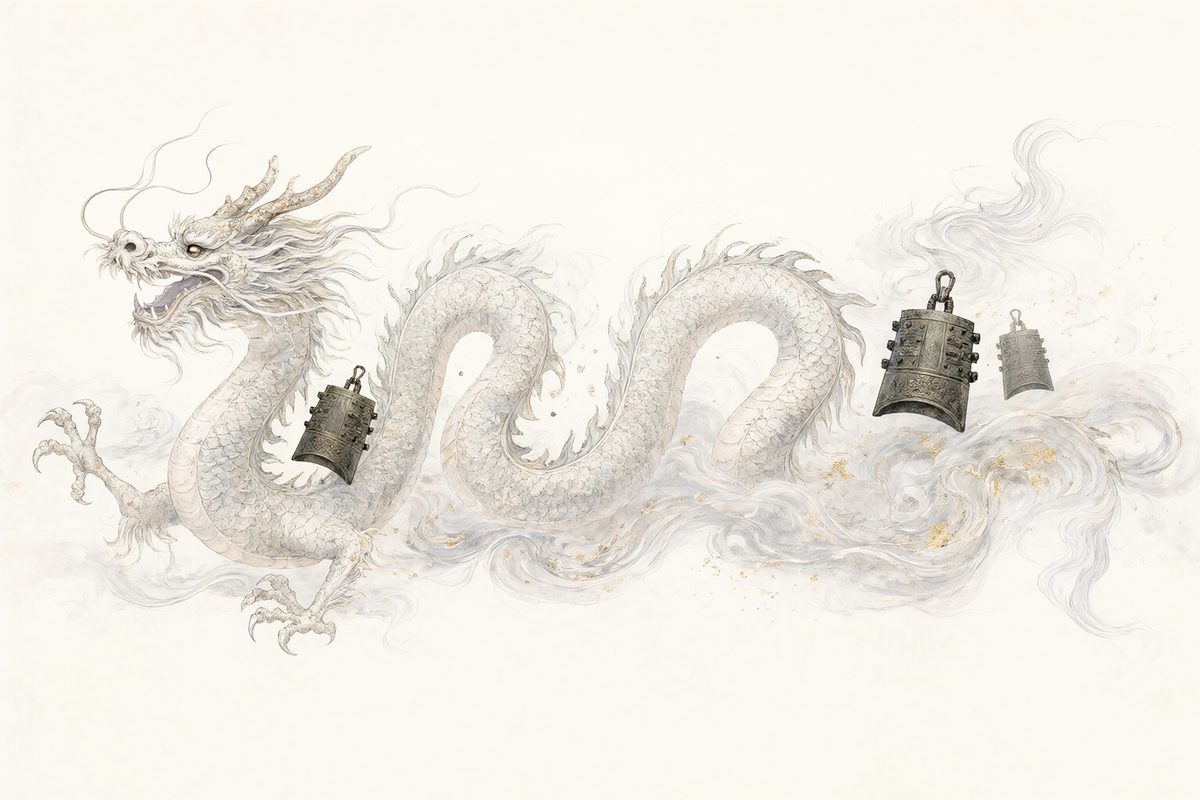 Illustration : un dragon ondulant au-dessus de nuages dans des reflets argentés et des lignes nettes.