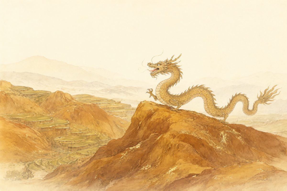 Illustration : un dragon ondulant au-dessus de nuages sur des collines ocre et des pierres chaudes.