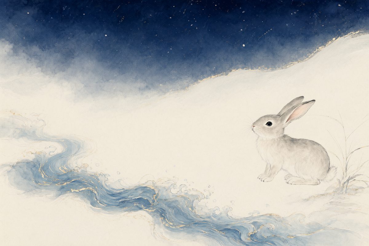 Illustration : un lapin dans une prairie fleurie sous la lune au milieu de vagues bleu indigo et de reflets de lune.
