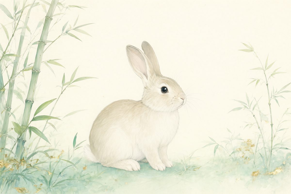 Illustration : un lapin dans une prairie fleurie sous la lune entouré de jeunes bambous.