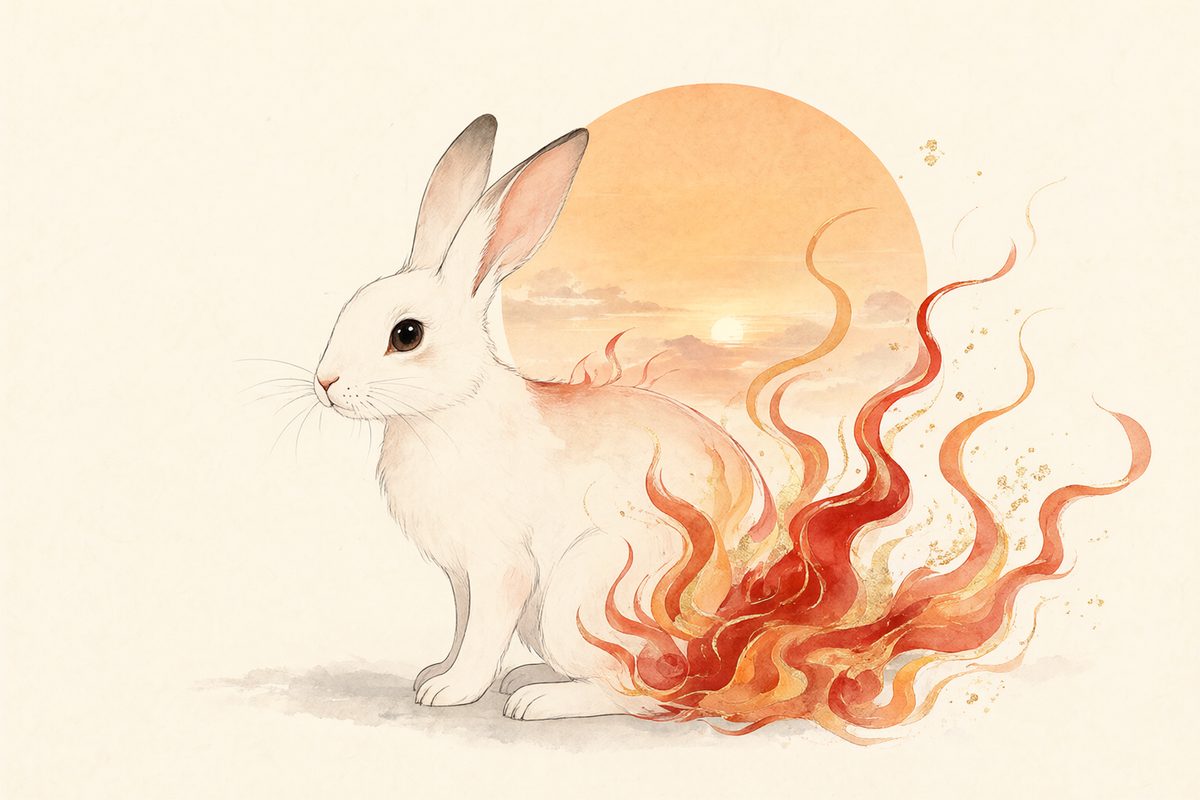 Illustration : un lapin dans une prairie fleurie sous la lune dans des flammes stylisées rouges et orangées.