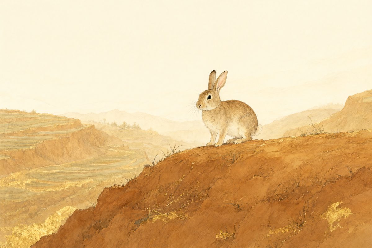 Illustration : un lapin dans une prairie fleurie sous la lune sur des collines ocre et des pierres chaudes.