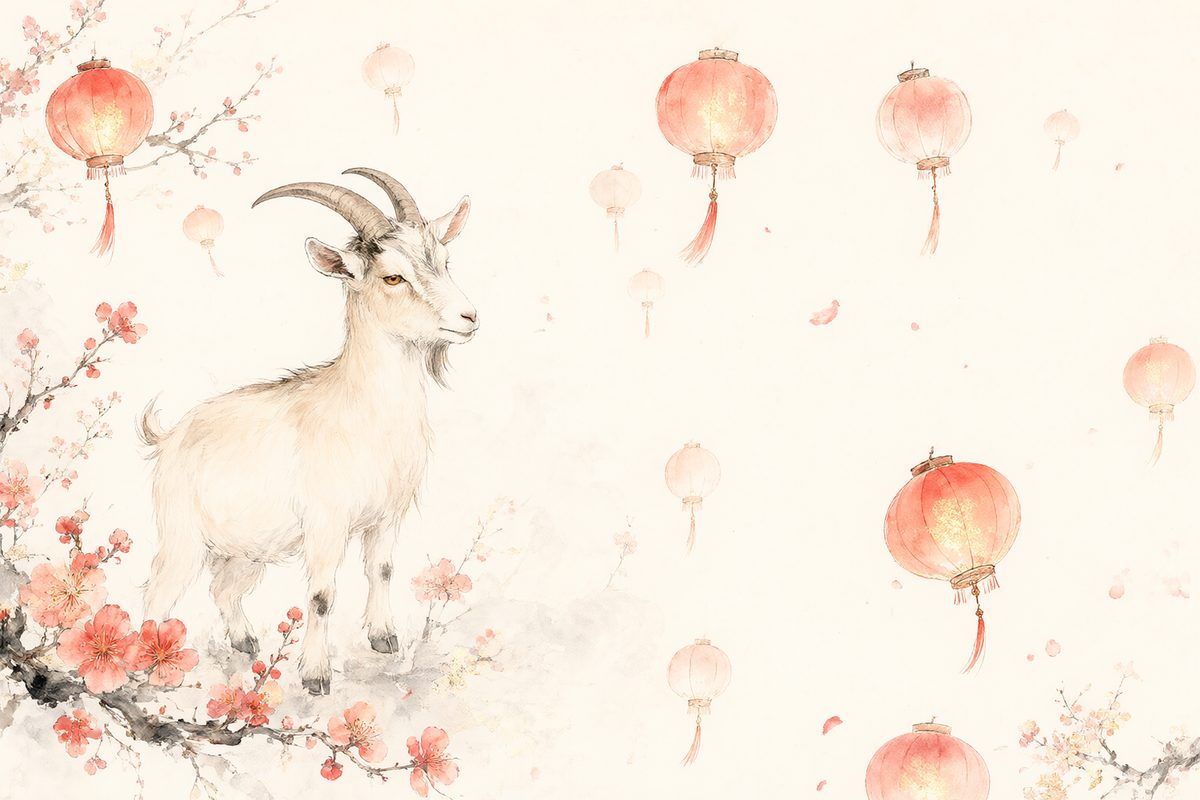 Illustration sans texte : une chèvre stylisée dans des tons rouges et dorés, devant une porte décorée pour la nouvelle année.