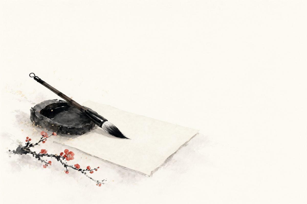 Pinceau de calligraphie posé sur une pierre à encre à côté d’une feuille de papier de riz vierge