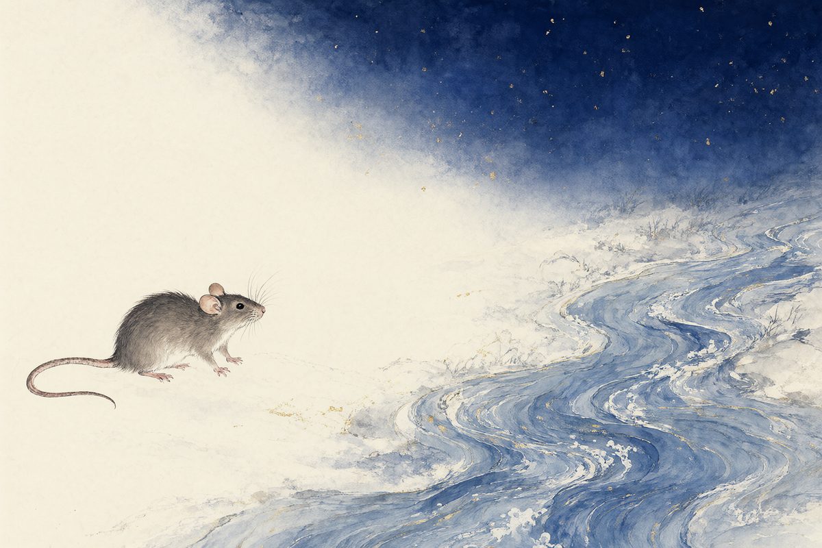 Illustration : un rat à l’affût parmi des graines dorées au milieu de vagues bleu indigo et de reflets de lune.