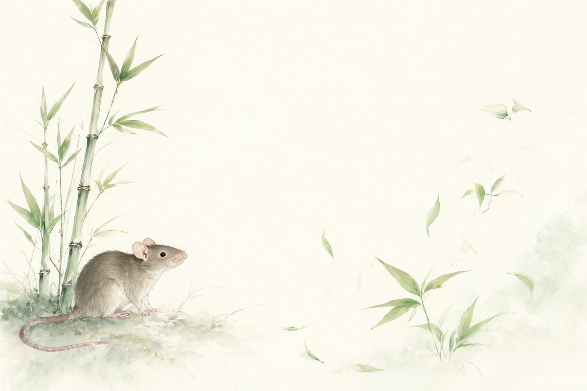 Illustration : un rat à l’affût parmi des graines dorées entouré de jeunes bambous.