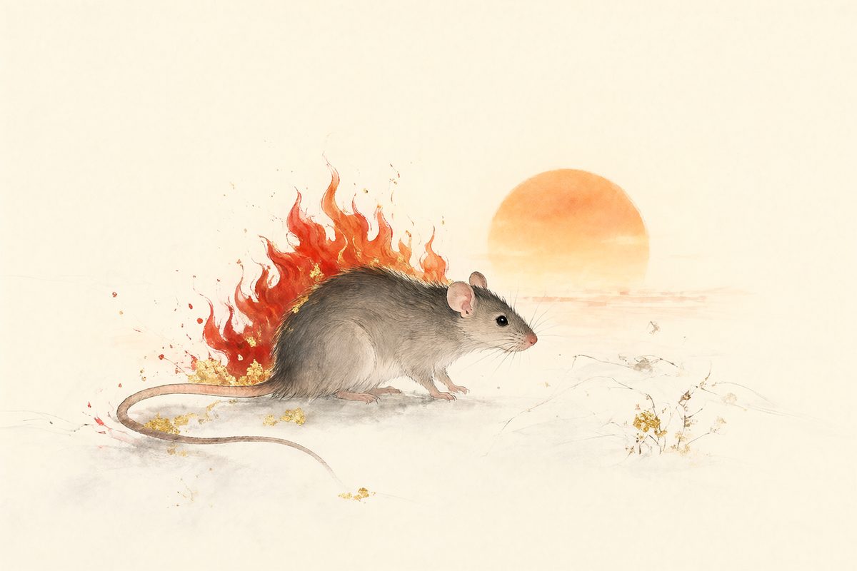 Illustration : un rat à l’affût parmi des graines dorées dans des flammes stylisées rouges et orangées.
