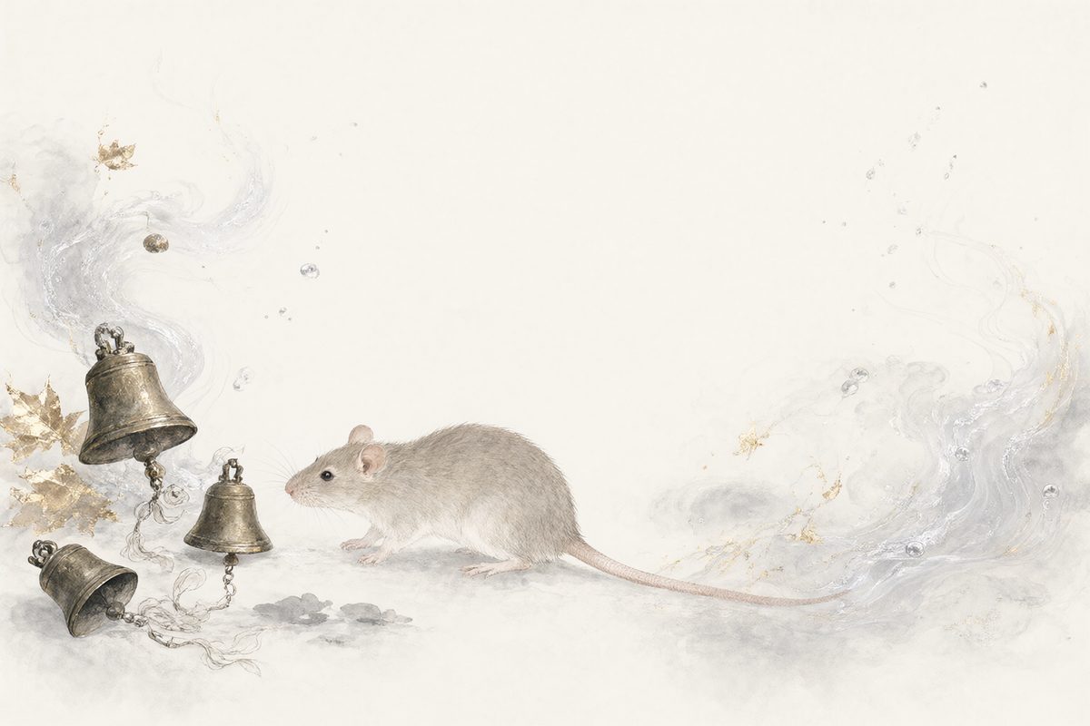 Illustration : un rat à l’affût parmi des graines dorées dans des reflets argentés et des lignes nettes.