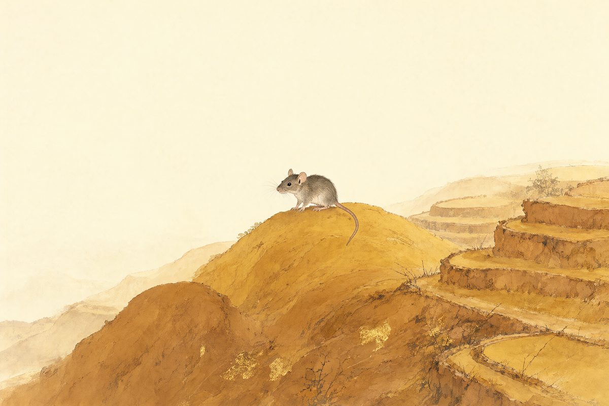Illustration : un rat à l’affût parmi des graines dorées sur des collines ocre et des pierres chaudes.