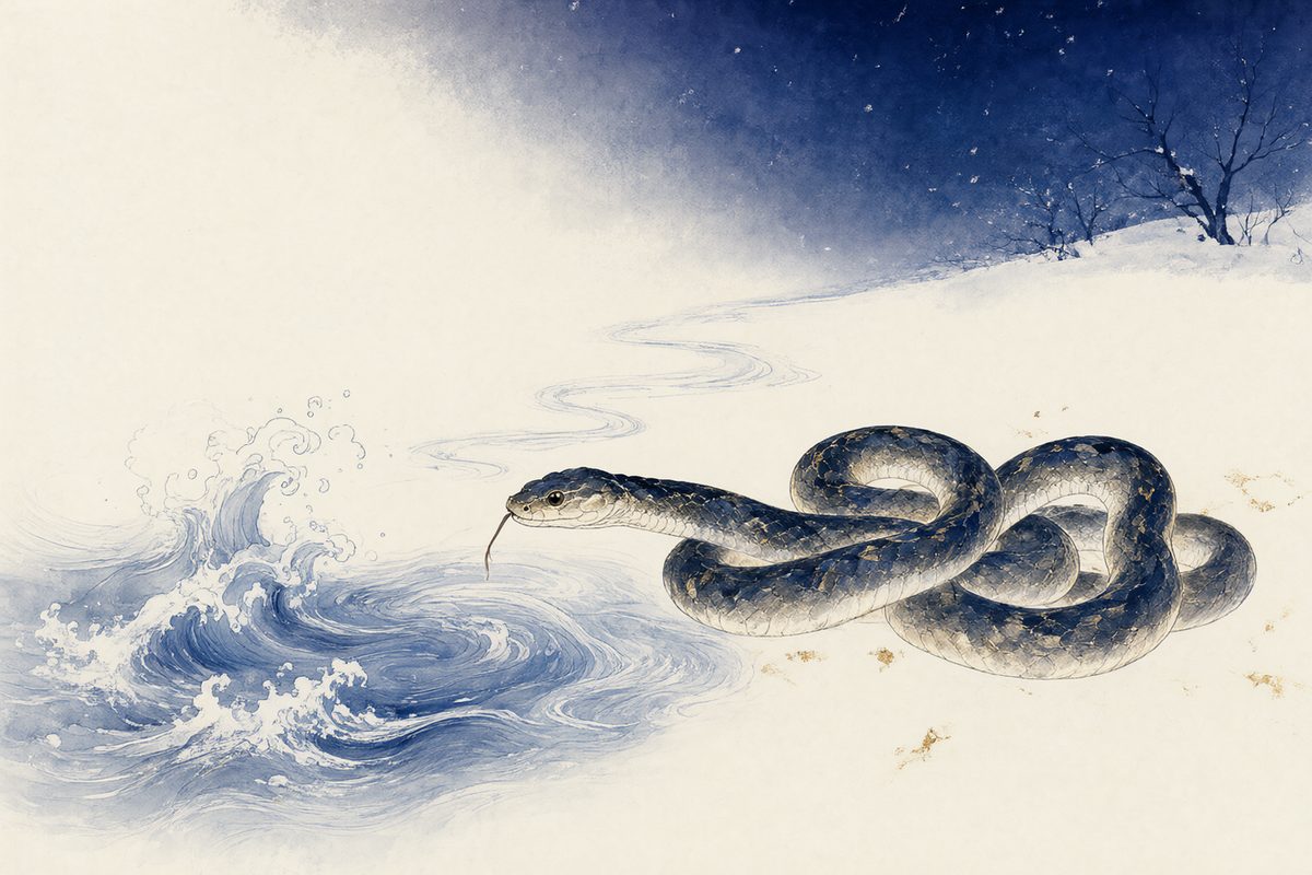 Illustration : un serpent enroulé sur une pierre tiède au milieu de vagues bleu indigo et de reflets de lune.