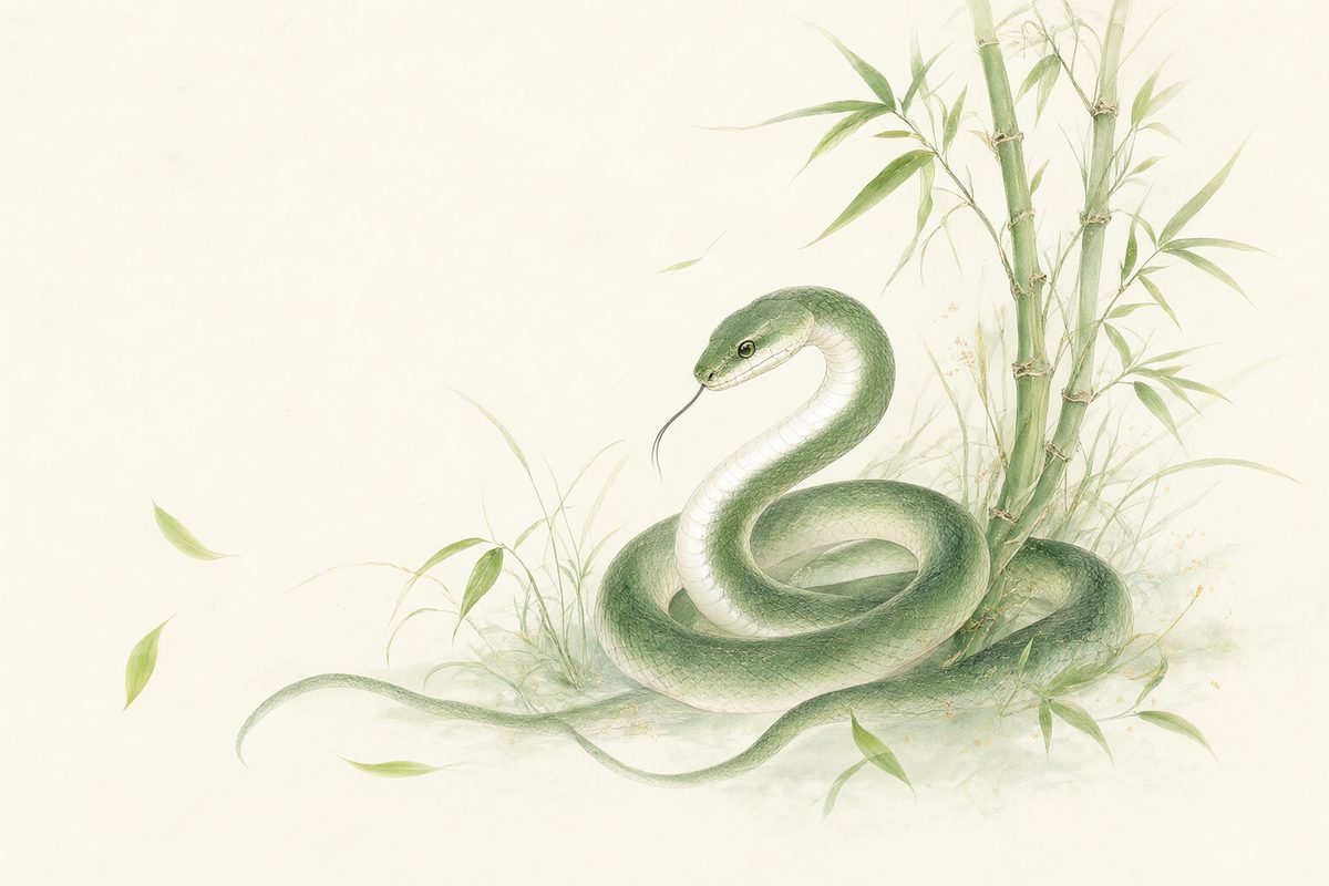 Illustration : un serpent enroulé sur une pierre tiède entouré de jeunes bambous.