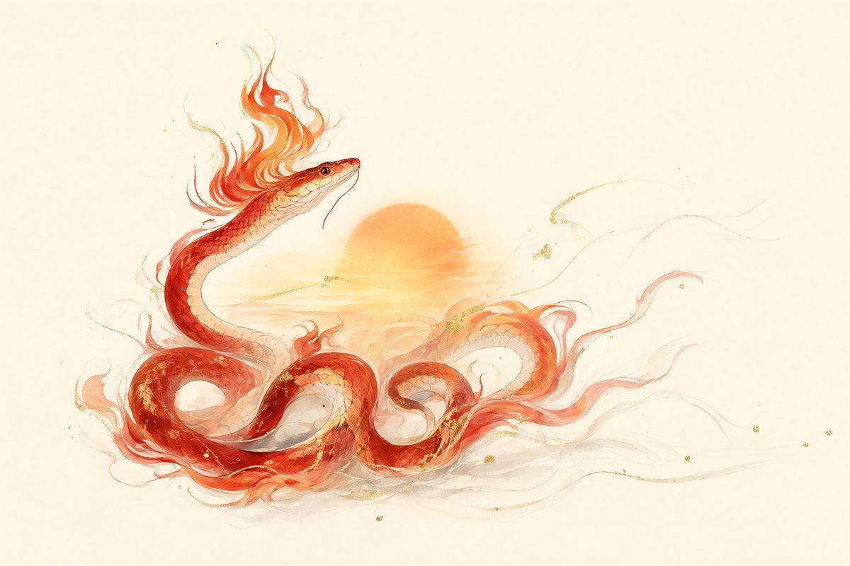 Illustration : un serpent enroulé sur une pierre tiède dans des flammes stylisées rouges et orangées.