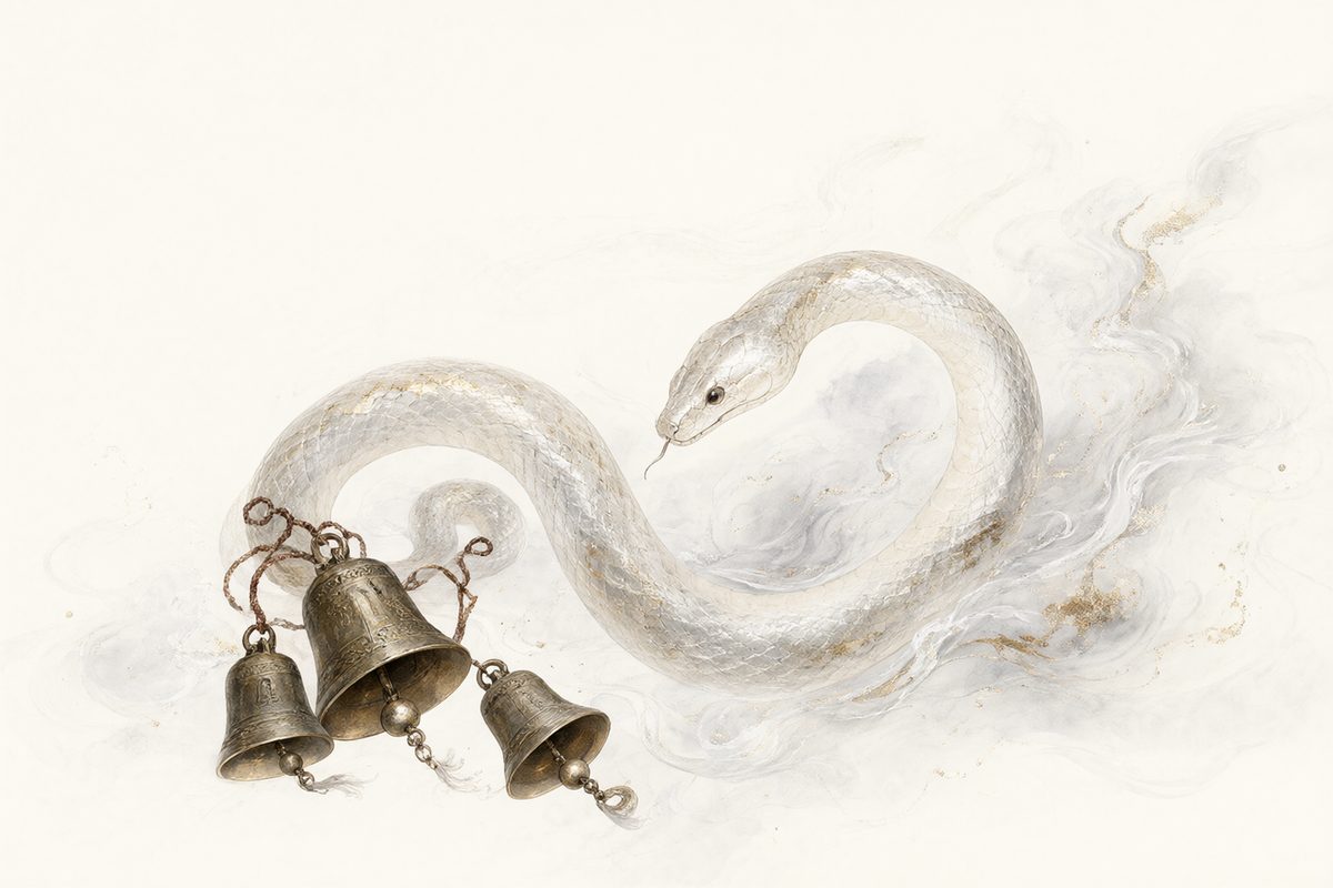 Illustration : un serpent enroulé sur une pierre tiède dans des reflets argentés et des lignes nettes.