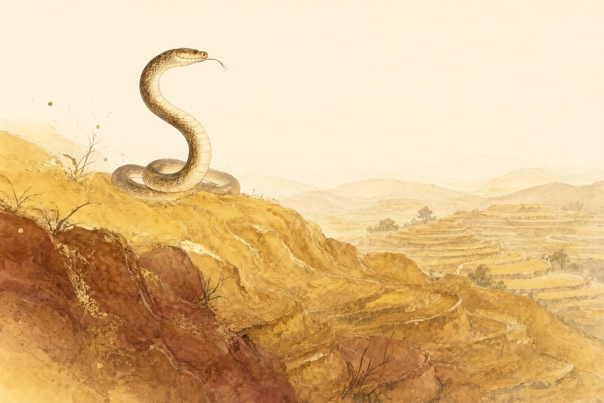 Illustration : un serpent enroulé sur une pierre tiède sur des collines ocre et des pierres chaudes.